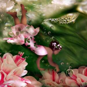 A graphic representation of a mermaid swimming over pink flowers, titled “Mermaid memories,” by limberlostt